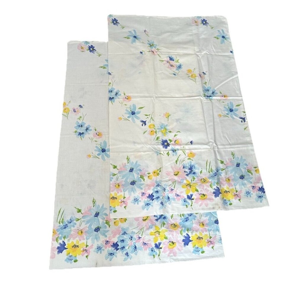 Vintage 60s 70s Floral Pillowcases Blue Yellow Pink Standard Sz Power Set Stains